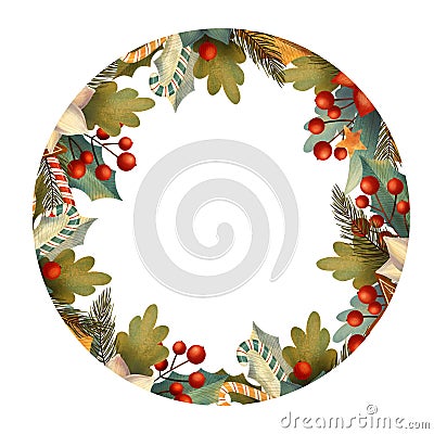 Circle christmas frame for card or invitation with poinsettia, lollipop, candy, berry, leaves, branches. Cartoon Illustration