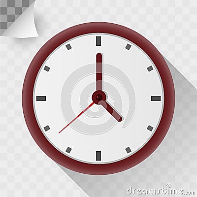 Circle clock flat icon. Round shape on white wall and trasparent background timer object with shadow. Elegant analog time vector Vector Illustration