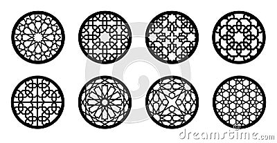 Circle cnc decor set. Round elements for laser cutting ,stencil, engraving. Geometric arabic pattern for glass stand Vector Illustration