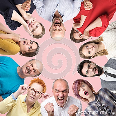 Circle collage of different men and women showing sad and negative emotions on pink background. Stock Photo