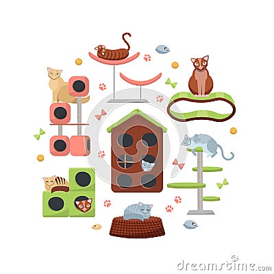Circle composition of cats and their houses on white background. Different feline equipment, furniture Cat tree with cat house and Cartoon Illustration