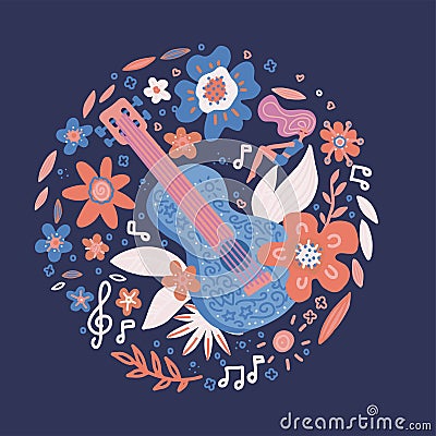 Circle composition of flowers entwined guitar. Misic festival vector background concept in doodle hand drawn style in dark blue Stock Photo