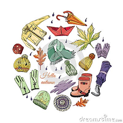 Circle composition with hand drawn of items of autumn clothes and leaves. Ink and colored sketch elements. Stock Photo