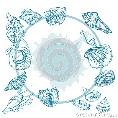 Circle composition of hand drawn sketch with seashells. Blue elements and spot isolated on white background. Vector Illustration