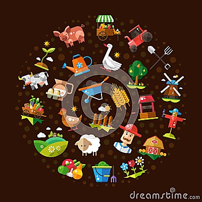 Circle composition of modern flat design farm Vector Illustration