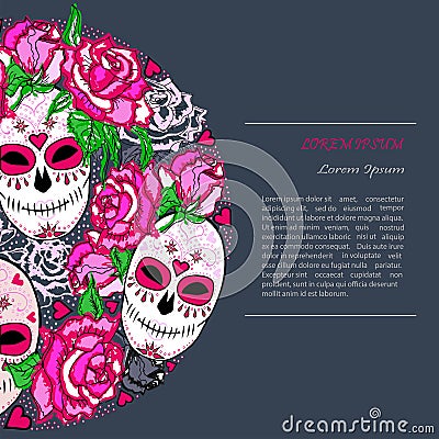 Circle concept with Sugar skull and pink roses. Stock Photo