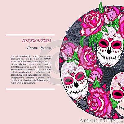 Circle concept with Sugar skull and pink roses. Stock Photo