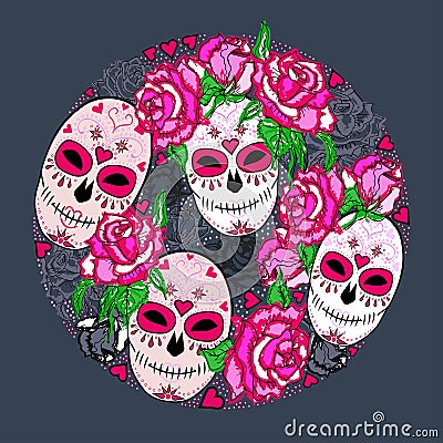 Circle concept with Sugar skull and pink roses. Stock Photo