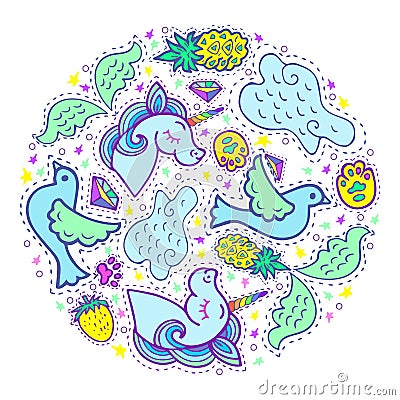 Circle concept with unicorn, wings, cloud. Vector Illustration