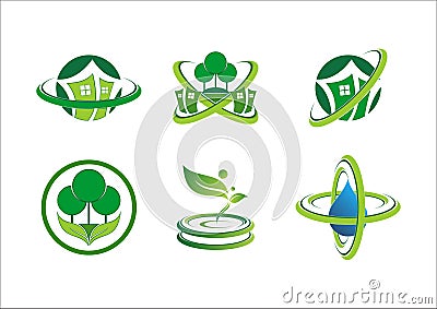 Circle connection home plant logo, house building, landscape, real estate, green nature symbol icon Vector Illustration