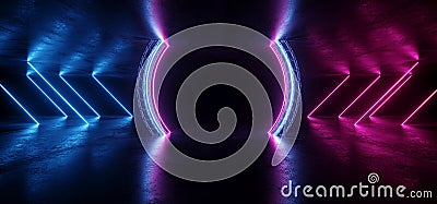 Circle Construction Gate Sci Fi Futuristic Neon Glowing Purple Blue Laser Lines Reflective Concrete Grunge Dark Night Show Stage Stock Photo