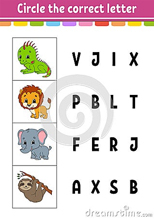 Circle the correct letter. lion, elephant, sloth, iguana. Education developing worksheet. Learning game for kids. Color activity Vector Illustration