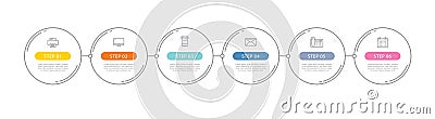 6 circle data step infographics template with thin line design. Vector illustration abstract background. Can be used for workflow Vector Illustration