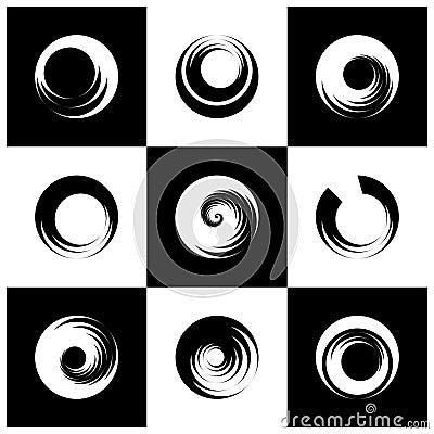 Circle design elements. Spiral rotation motion. Abstract black and white icons Vector Illustration