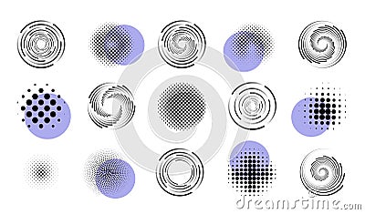 Circle design patterns, dot circular geometry backgrounds. Line and swirls, halftone shape logos, abstract round collage, texture Vector Illustration