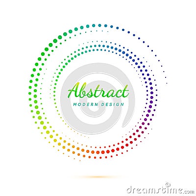 Circle dot pattern. Faded rainbow color circular. Halftone dots frames. Fading gradient spiral. Iridescent texture. Boarder round Vector Illustration