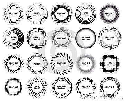 Circle dotted frames. Gradient halftone dots pattern shapes, dot spray gradation halftone frames. Halftone dotted labels Vector Illustration