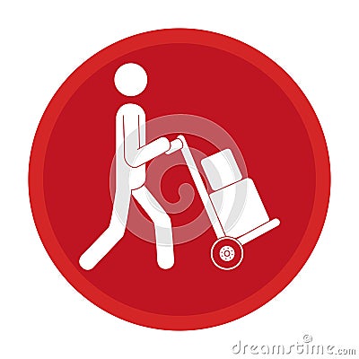 Circle emblem pictogram of man and hand truck and packages Vector Illustration