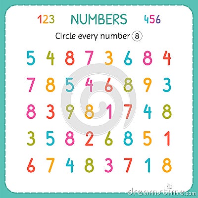 Circle every number Eight. Numbers for kids. Worksheet for kindergarten and preschool. Training to write and count numbers. Exerci Vector Illustration