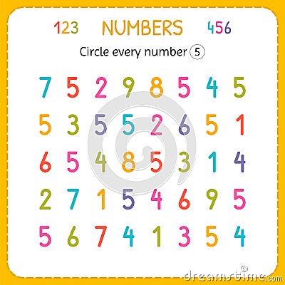 Circle every number Five. Numbers for kids. Worksheet for kindergarten and preschool. Training to write and count numbers. Exercis Vector Illustration