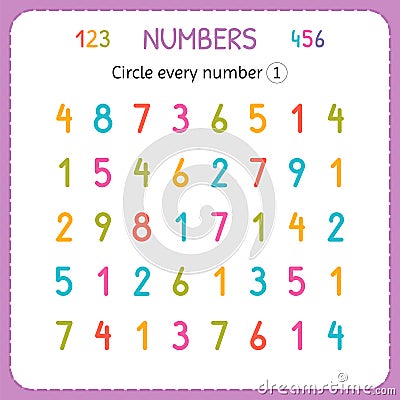 Circle every number One. Numbers for kids. Worksheet for kindergarten and preschool. Training to write and count numbers. Exercise Vector Illustration