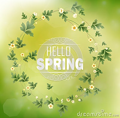 Circle floral frame with text hello spring and bokeh background Vector Illustration