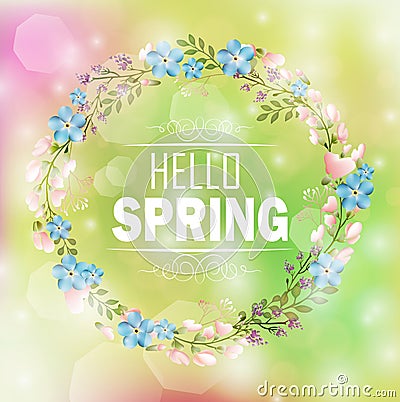 Circle floral frame with text hello spring and bokeh background Vector Illustration