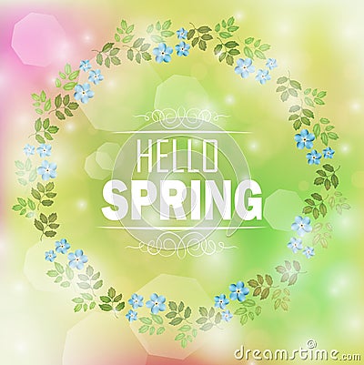 Circle floral frame with text hello spring and bokeh background Vector Illustration