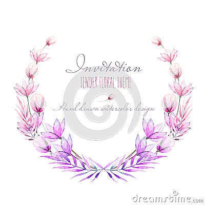 Circle frame, border, wreath with watercolor tender flowers and leaves in purple and pink shades Stock Photo