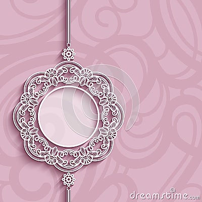 Circle frame, lace pendant on pink background Vector Illustration