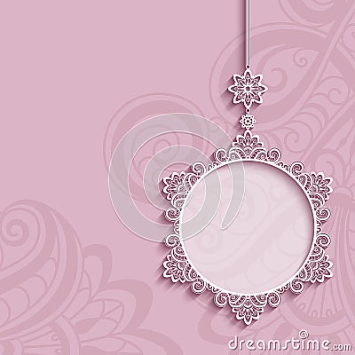 Circle frame, lace pendant on pink background Vector Illustration