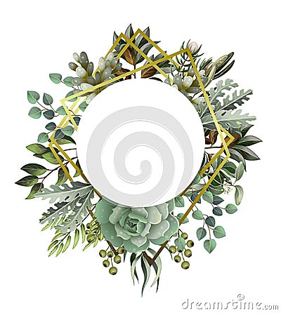 Circle frame with leaves, succulent and golden elements in watercolor style. Eucalyptus, magnolia, fern and other Vector Illustration