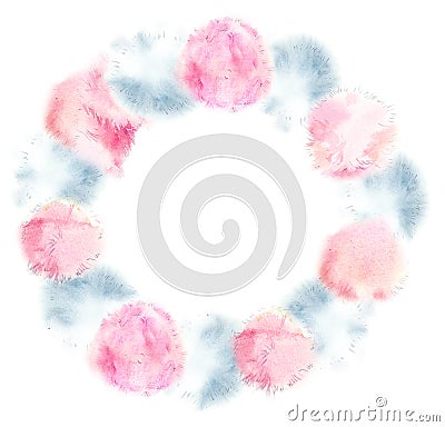 Circle frame from pink and gray pompons. Watercolor hand drawn illustration Stock Photo