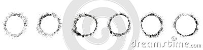 Circle Frame with Rough Texture Set. Abstract Circular Grungy Border. Spray Splatter Collection. Noise Effect Paintbrush Vector Illustration