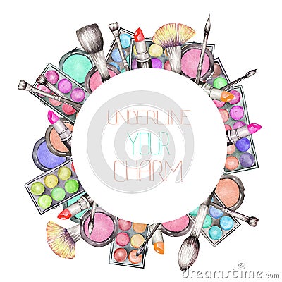 A circle frame with the watercolor makeup tools: blusher, eyeshadow, lipstick and makeup brushes Stock Photo