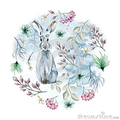 Circle frame of winter plants and hare watercolor illustration isolated on white. Cartoon Illustration