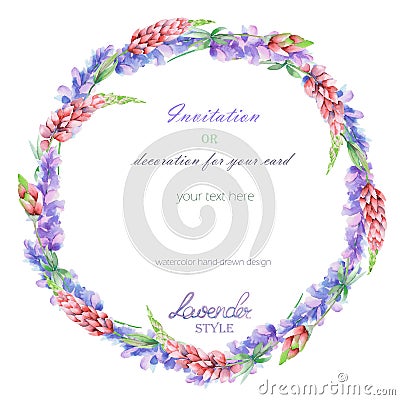 Circle frame, wreath with the floral design; watercolor floral elements of the lavender and pink lupine flowers Stock Photo