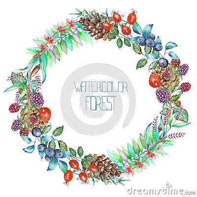 A circle frame, wreath with a floral ornament of the watercolor forest elements: berries, cones, leaves and branches Stock Photo