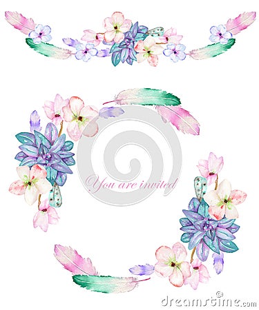A circle frame, wreath and frame border with the watercolor flowers, feathers and succulents, wedding invitation Stock Photo