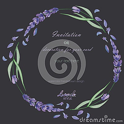 A circle frame, wreath, frame border with the watercolor lavender flowers, wedding invitation Stock Photo