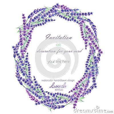 A circle frame, wreath, frame border with the watercolor lavender flowers, wedding invitation Stock Photo