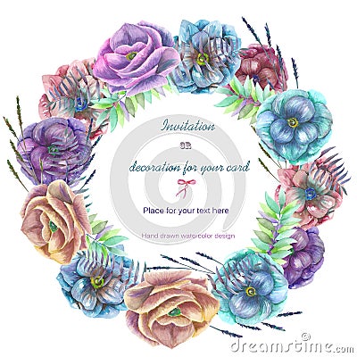 Circle frame, wreath with the watercolor anemone flowers Stock Photo