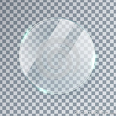 Circle glass texture. Bright mirror panel. Glossy screen effect. Plastic plate mockup. Digital frame. Clear button Vector Illustration