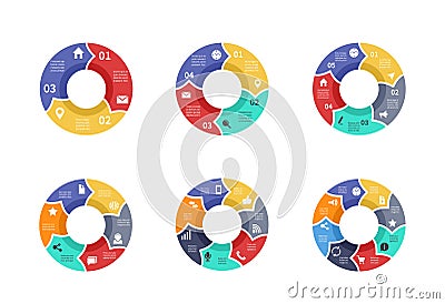 Circle graphic, pie diagrams, round charts with icons, options, parts, steps, process sectors vector set Vector Illustration