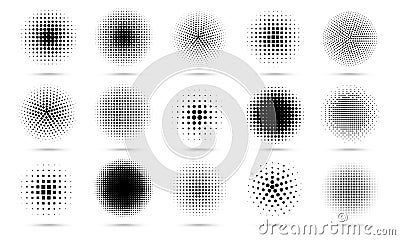 Circle halftone. Abstract dotted circles, round halftones geometric dots gradient and pop art texture. Dot spray Vector Illustration