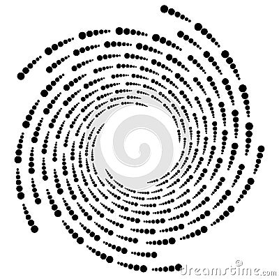 Circle halftone element, circular half-tone pattern. Spiral, vortex, swirl shape. Vector Illustration