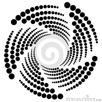 Circle halftone element, circular half-tone pattern. Spiral, vortex, swirl shape. Vector Illustration