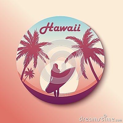 Circle Hawaii Sticker. Surfing girl. With shadow. Vector Vector Illustration