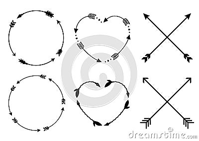 Circle and heart arrow frames. Circle and heart monograms. Criss cross hipster arrows. Arrows in boho style. Tribal arrows. Set of Vector Illustration