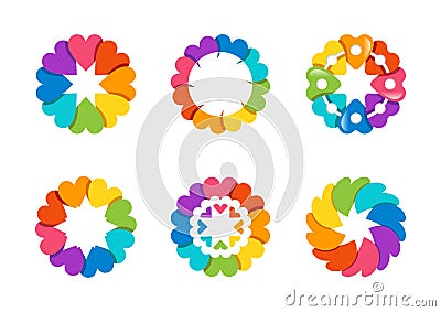 Circle hearts logo, arround rainbow healthy love, global floral hearts symbol icon vector design Vector Illustration